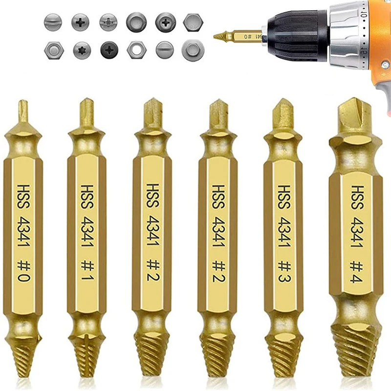 Color: Gold - HSS Extractor Double Head Screw Slide Tooth Removal Screwdriver Screwdriver Bit Broken Wire 6pc Tool Set