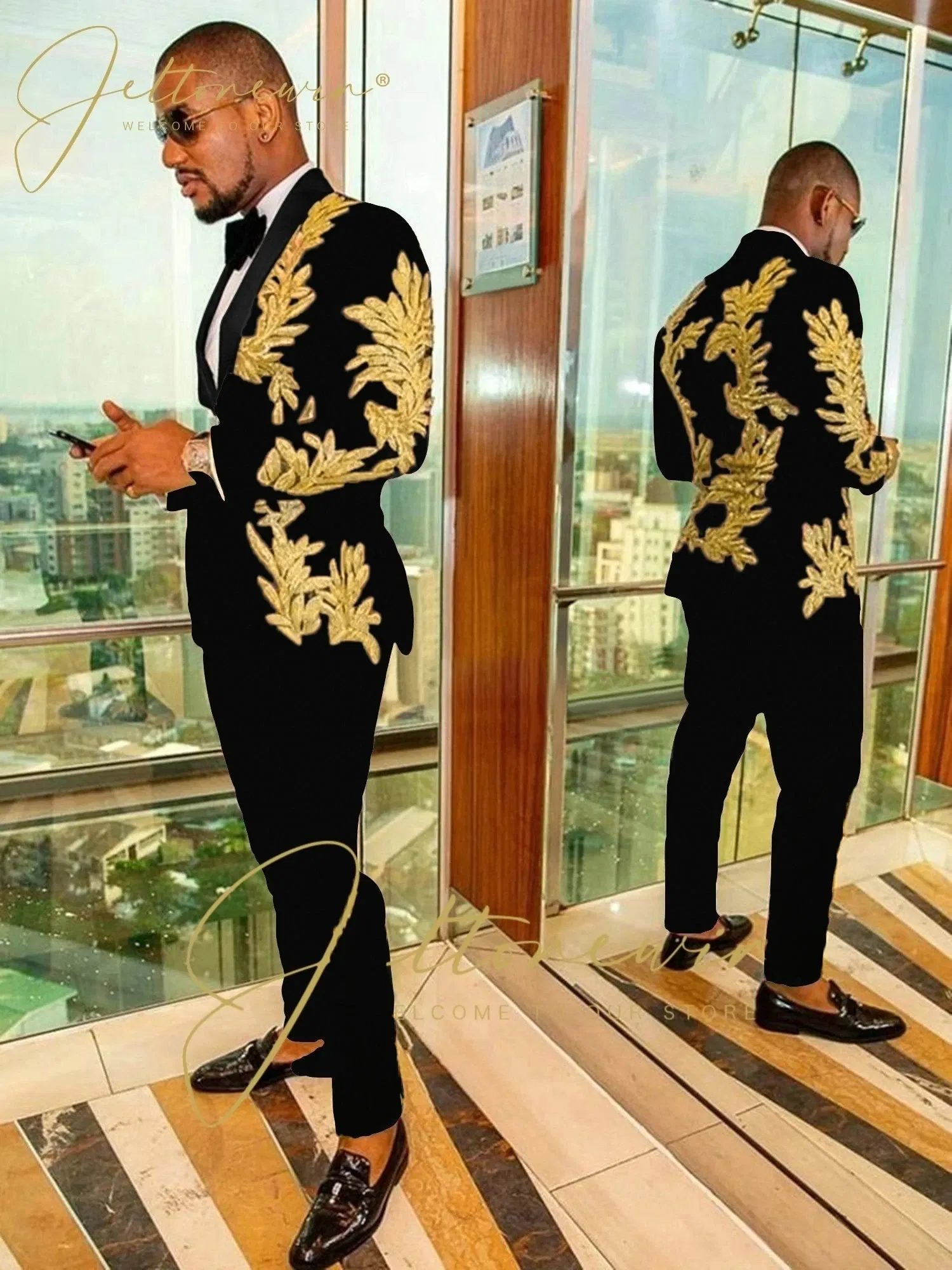 Color: WHITE, Size: M - Luxury Groom Wedding Tuxedos Gold Sequins Appliques Black Men Suits Slim Fit Costume Homme Marriage Prom Suits
