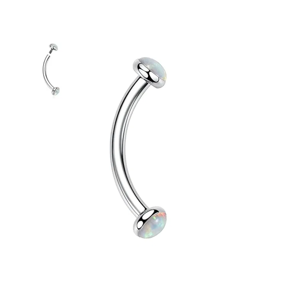 Metal color: Titanium Plated, Main Stone Color: WHITE - 3/4/5mm Opal Steel Eyebrow Ring Internally Threaded 6mm -14mm Bar Curved Barbell Monroe Lip Stud Ear Tragus Piercing