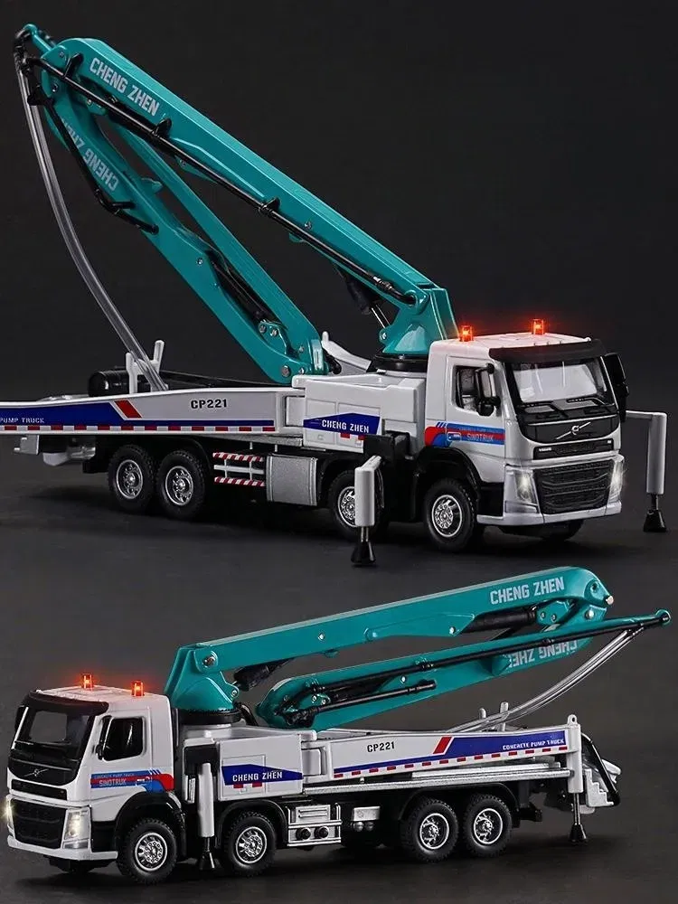 Color: green - 1/50 Volvo Concrete Pump Truck Toy Car Diecast Meatl Vehicle Model Pull Back Sound & Light Miniature Collection Gift For Boy Kid