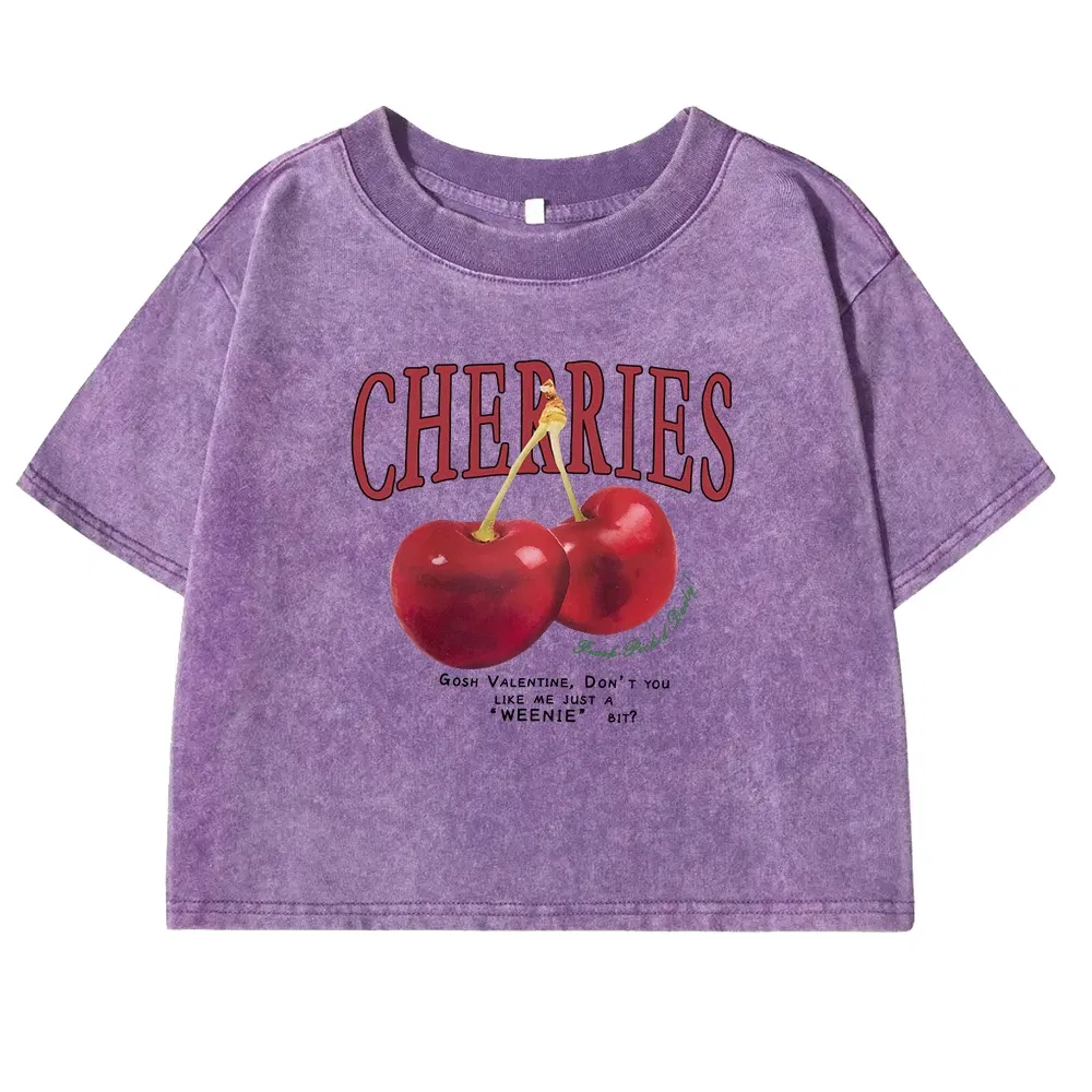 Color: SKY BLUE, Size: XL - Red Cherries Letter Printed Female T-shirt Fashion Summer Washed Clothing Casual Cotton Crop Top Retro Tee Shirts For Women