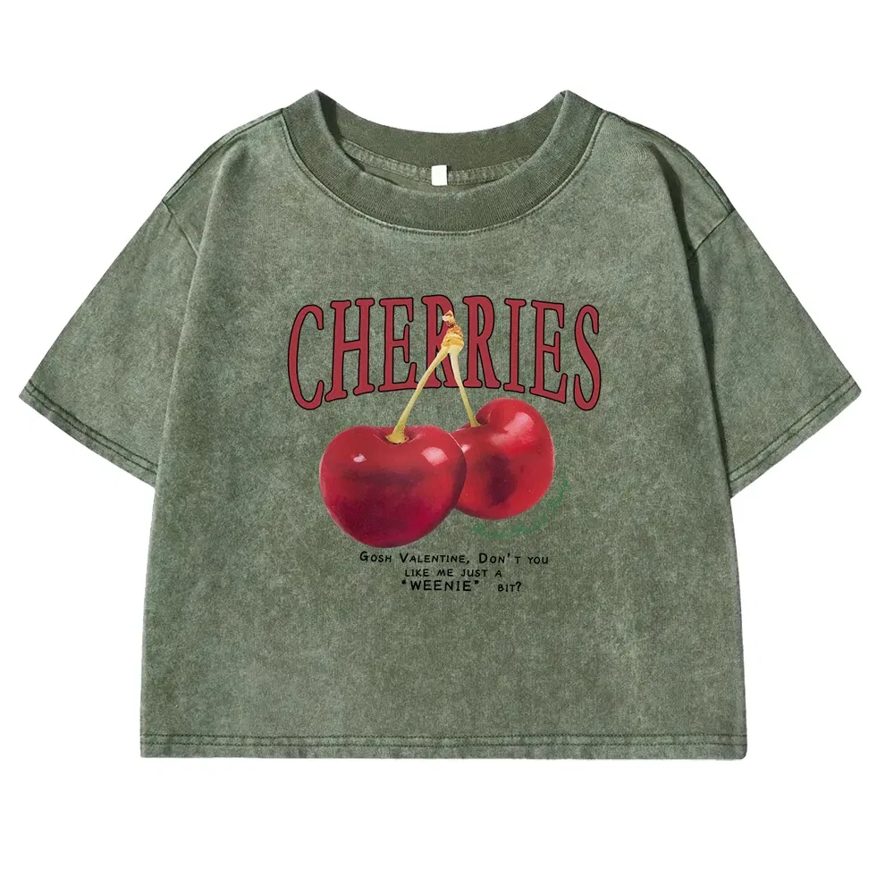 Color: SKY BLUE, Size: XL - Red Cherries Letter Printed Female T-shirt Fashion Summer Washed Clothing Casual Cotton Crop Top Retro Tee Shirts For Women