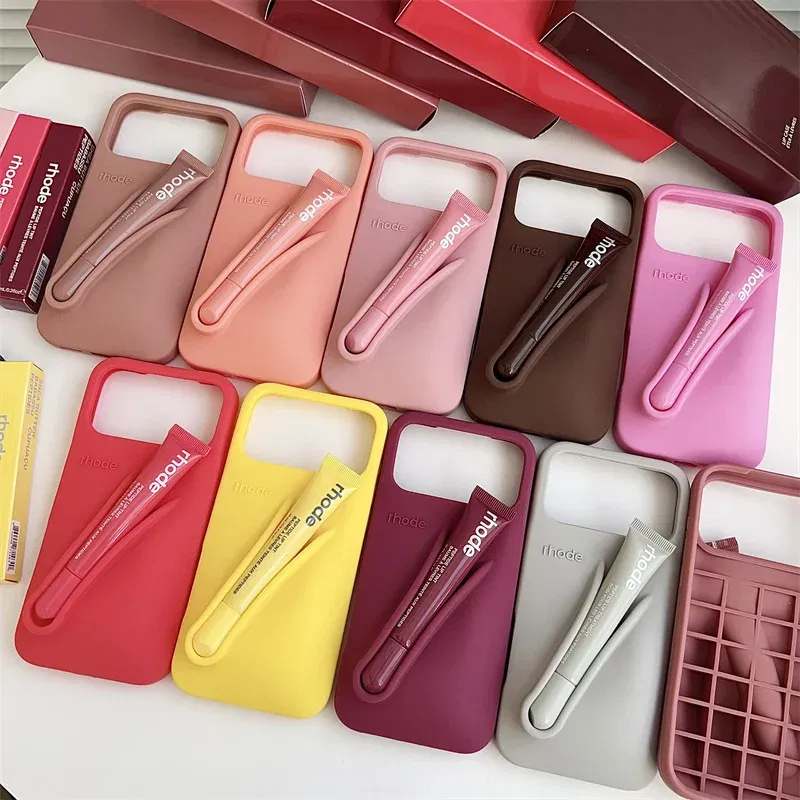 Material: Nylon, Color: GRAY, Bundle: Bundle1 - With Lipstick Phone Case for iPhone 17 13 14 15 16 17 Pro Max Plus 12 17 Air Silicone Lip Gloss Holder Hot INS Soft Cover Funda