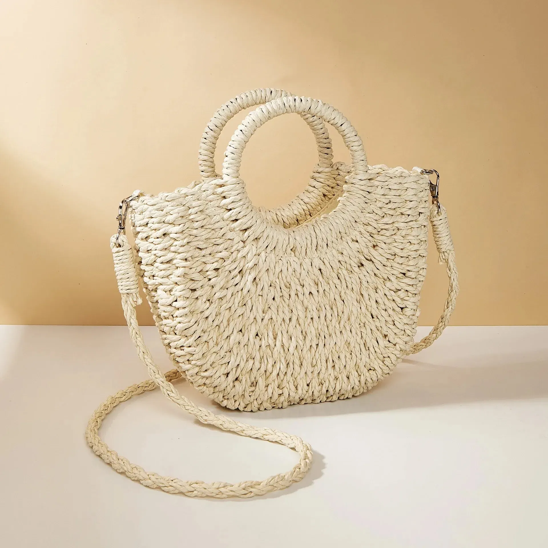 Color: Dark Grey - Handwoven Straw Rattan Half-Moon Beach Handbag Large Capacity Women Summer Hollow Out Crossbody Shoulder Bag