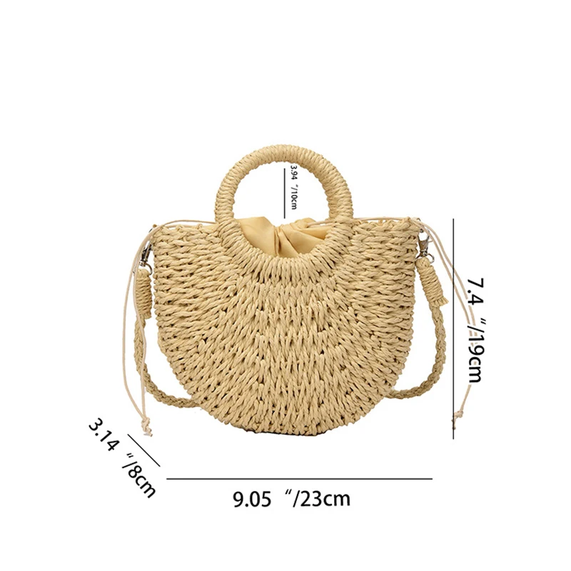 Color: Dark Grey - Handwoven Straw Rattan Half-Moon Beach Handbag Large Capacity Women Summer Hollow Out Crossbody Shoulder Bag