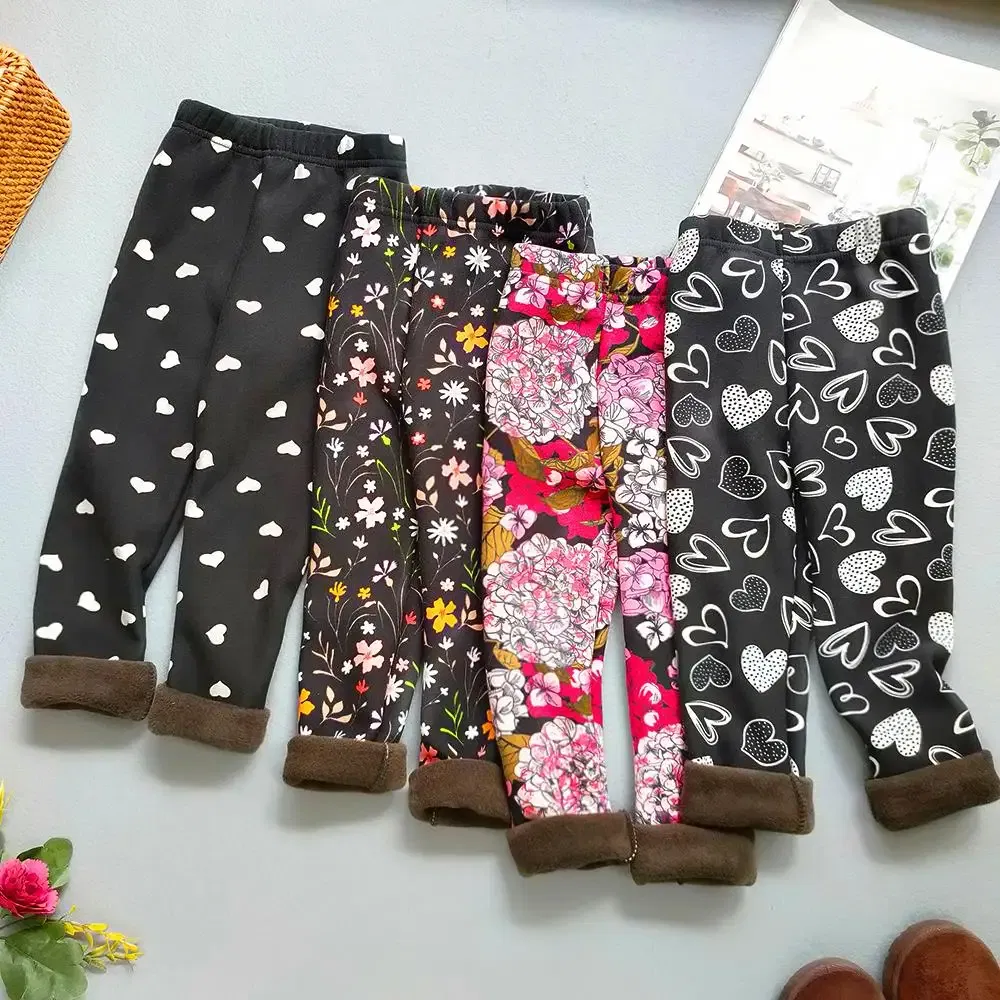 Color: Ivory, Kid Size: 4T - Autumn Winter Print Flowers Thick Warm Kids Toddler Baby Girls Leggings Children's Pants