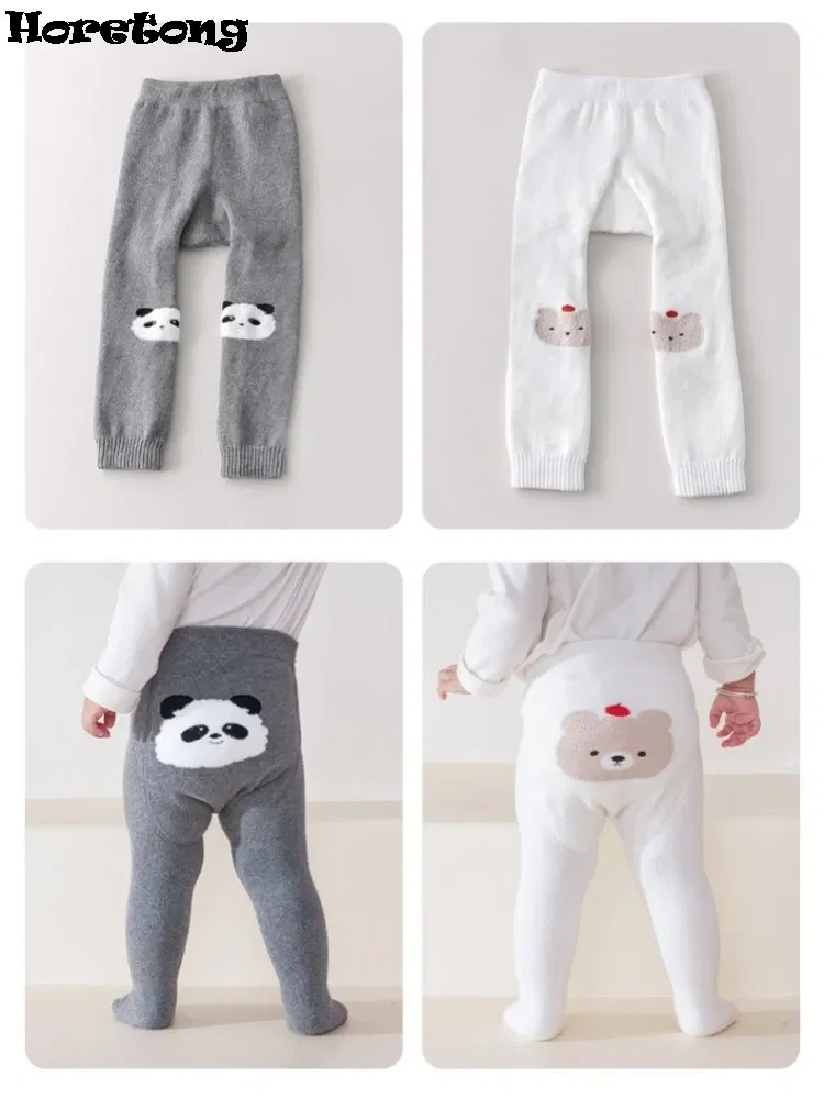 Color: Beige, Kid Size: 3M - Autumn Winter Thickened Baby Pantyhose A-class Girl Stocking Infant Toddler Knit Tights Cute Print High Waist Overall Legging
