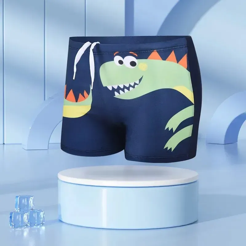 Size: XL, Color: Sky blue - Summer Boys Kids Cartoon Cute Dinosaur Pattern Flat Angle Quick Drying Children's Swim Trunks
