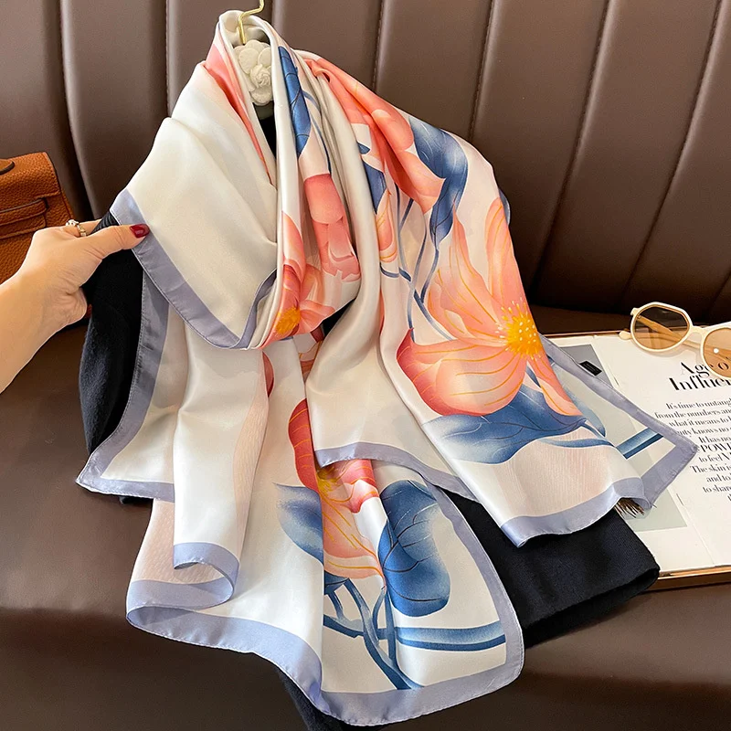 Color: Blue, Size: One Size - Women 180*90cm Fashion Beautiful Soft Silk Scarves female Lady Shawl Hijab Wrap Foulard Bandanna Muffler Beach Pareo