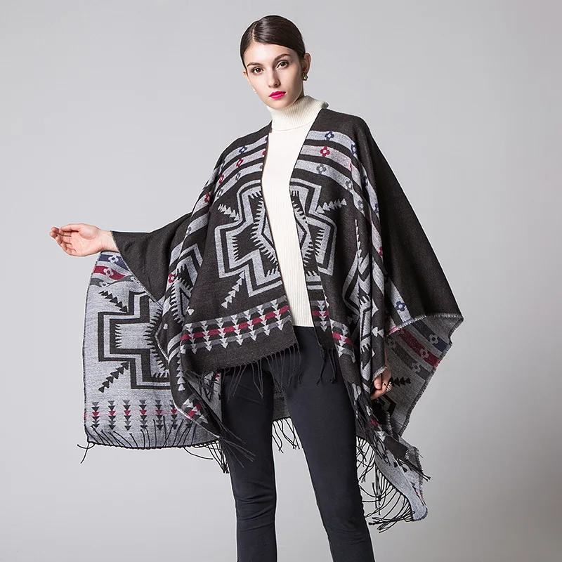 Color: SKY BLUE, Size: One Size, Ships From: CHINA - European American Popular Tassel Thickened Cashmere Like National Style Travel Fork Shawl Scarf in autumn Ponchos Capes