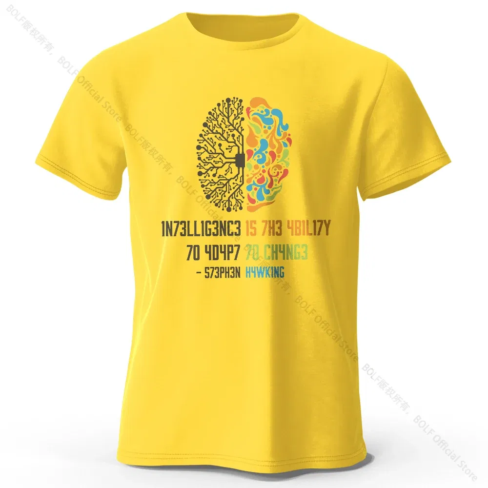 Color: Yellow, Size: L - Funny Brain Power Printed 100% Cotton T-Shirt, Soft & Breathable Round Neck Short Sleeve Tee, Unisex Quirky Style