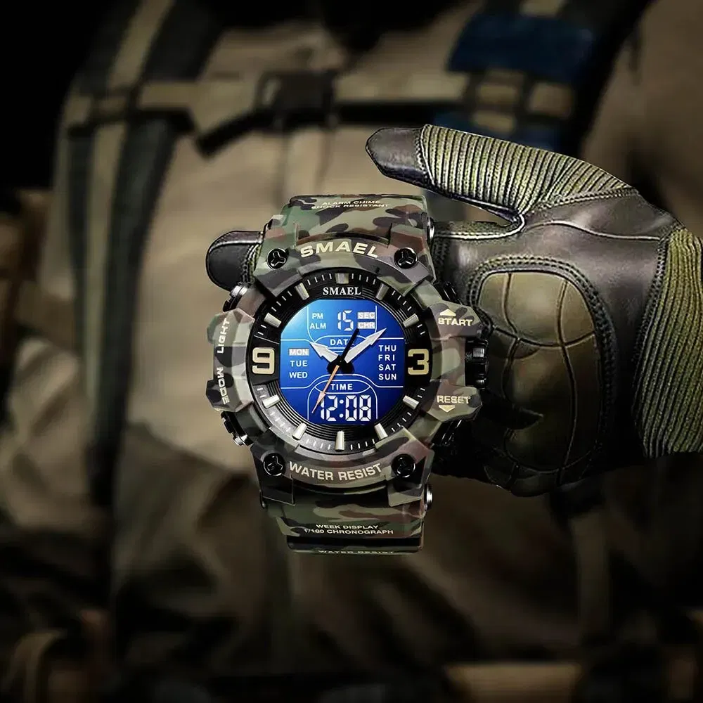 Color: khaki - SMAEL 8049MC Camouflage New Style Digital Waterproof Sports Watches Men's Shock Analog Dual Display Watch