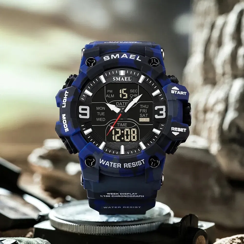 Color: khaki - SMAEL 8049MC Camouflage New Style Digital Waterproof Sports Watches Men's Shock Analog Dual Display Watch
