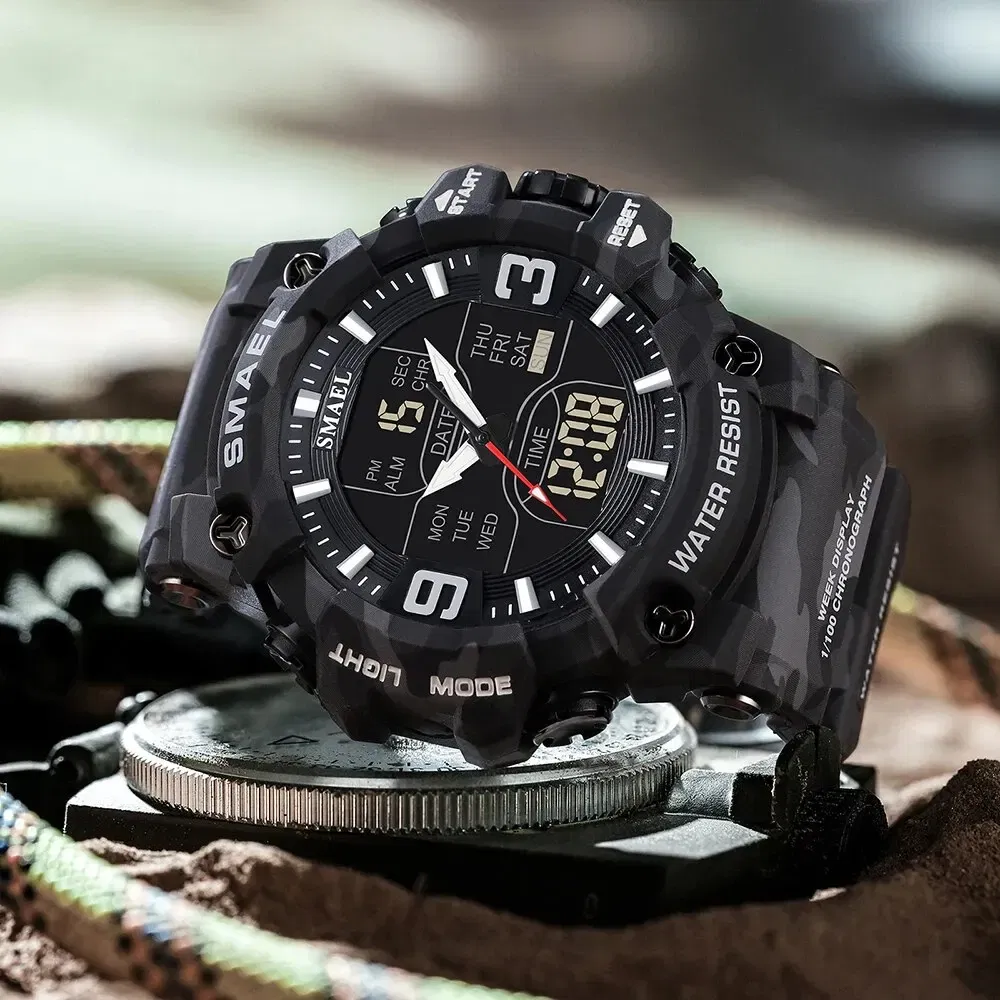 Color: khaki - SMAEL 8049MC Camouflage New Style Digital Waterproof Sports Watches Men's Shock Analog Dual Display Watch