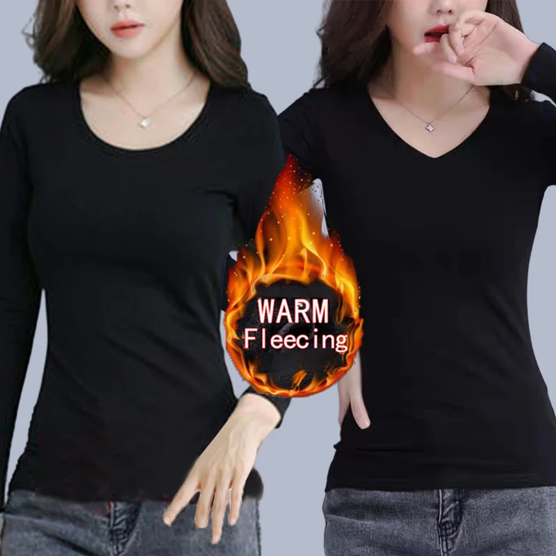 Color: army green, Size: XXL - O Neck Long Sleeve Fleeceing Heating Fiber Thermal Basic T-Shirts Women Winter Bottoming Cropped Tops Casual Skinny All-match