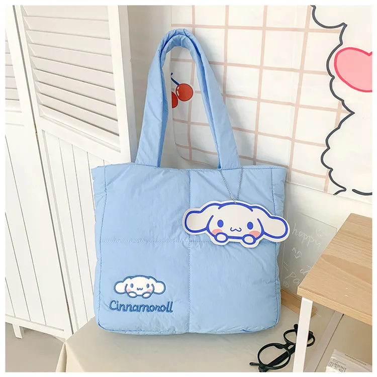 Color: black, Size: Extra Large - 2024 New Sanrio Handbag Cartoon Cute Down Fabric Kuromi Tote Bag Shoulder Pacha Dog Cute Stationery Bag Large Capacity Handbag
