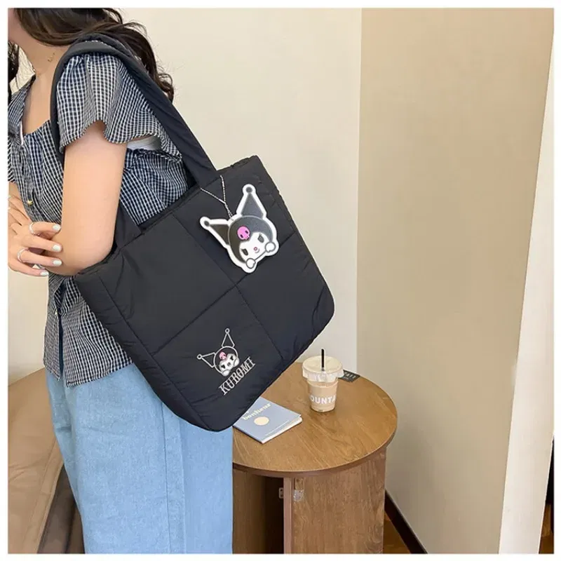 Color: black, Size: Extra Large - 2024 New Sanrio Handbag Cartoon Cute Down Fabric Kuromi Tote Bag Shoulder Pacha Dog Cute Stationery Bag Large Capacity Handbag