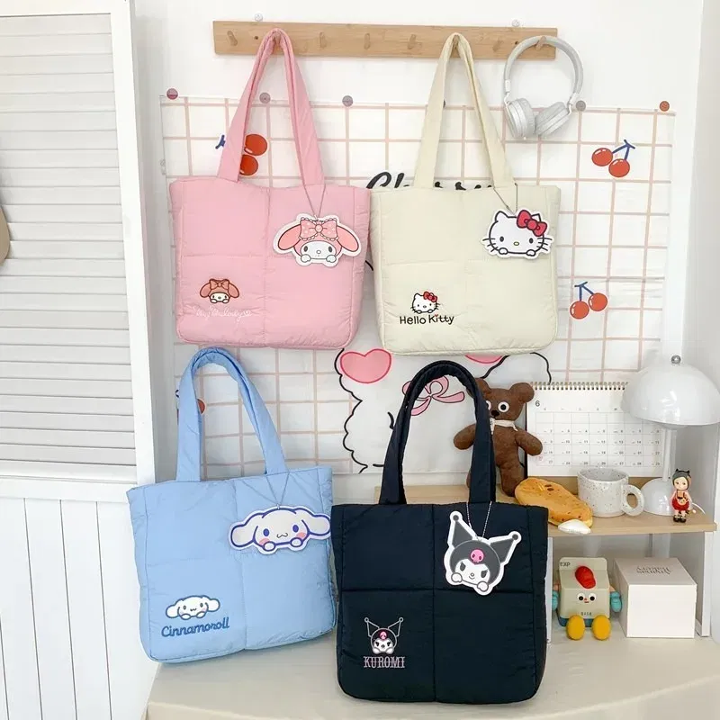 Color: black, Size: Extra Large - 2024 New Sanrio Handbag Cartoon Cute Down Fabric Kuromi Tote Bag Shoulder Pacha Dog Cute Stationery Bag Large Capacity Handbag
