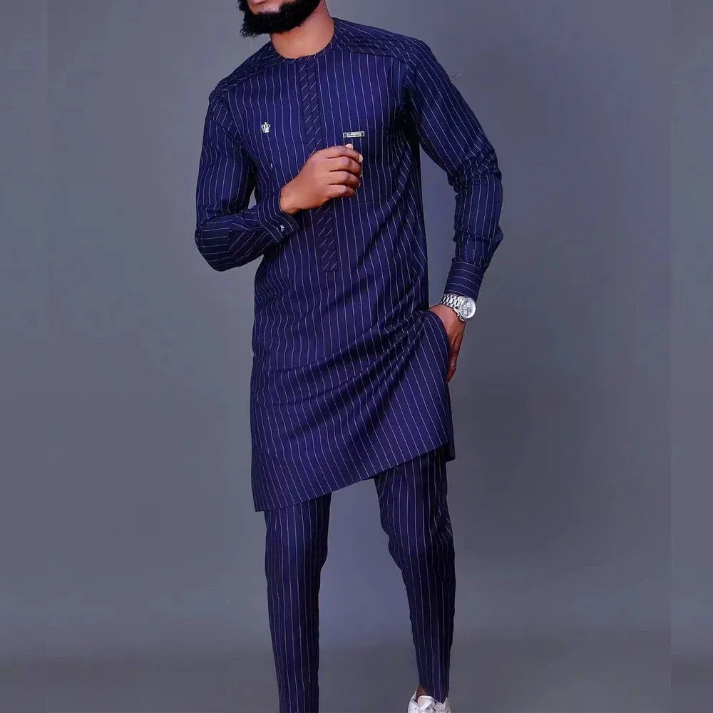 Color: Khaki, Size: 4XL - New Men's Tenos Wedding 2-Piece Suit Waist Pants Shirt Solid Color Panel Long Sleeve Party African Ethnic Style Clothing (M-4XL)