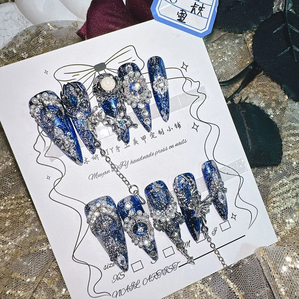 Color: Red - 10Pcs High Quality Handmade Press on Nails Heavy Industry Miaojiang Gu Poison Luxury Dark and Niche Spicy Girl Art Accessori