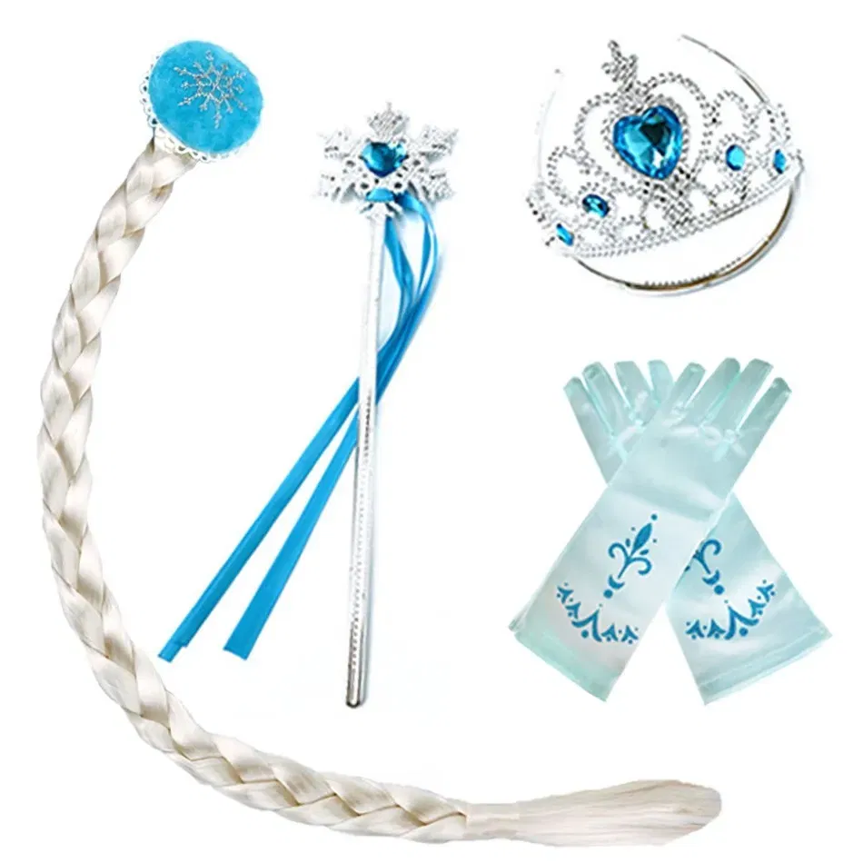 Color: Blue - Girls Princess Accessories Kids Party Costume Aurora Belle Sofia Snow Queen Elsa Anna Magic Wand Crown Tiara Gloves Wig Braid