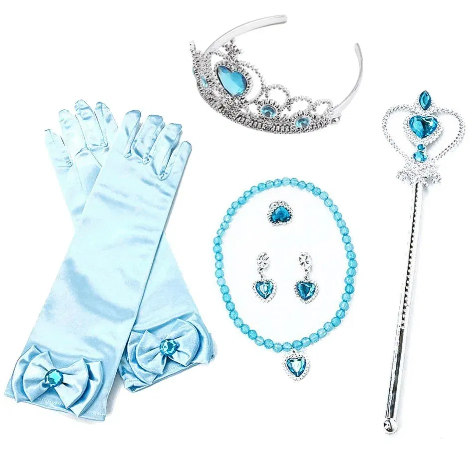 Color: Blue - Girls Princess Accessories Kids Party Costume Aurora Belle Sofia Snow Queen Elsa Anna Magic Wand Crown Tiara Gloves Wig Braid