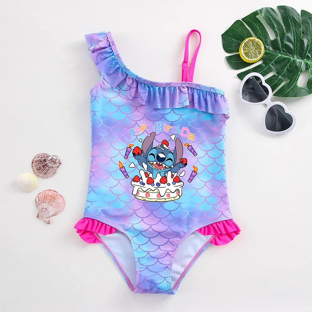 Color: Lavender, Size: XS - Stitch Girls Swimsuit Fashion Mermaid Fish Scale One-Piece Bathing Suits Children's Dresses Summer Swimwear Beach Suit Kids Wear
