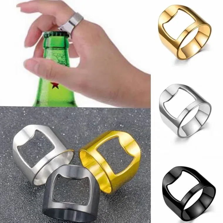 Main Stone Color: WHITE, Ring Size: 10 - VIVILADY Titanium Stainless Steel Creative Bottle Opener Ring Jewelry For Unisex Punk Simple Fashion Party Bar Gift Wholesale