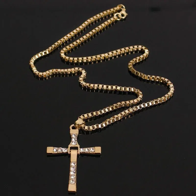 Metal Color: RED-BROWN, Ships From: CN - Dominic Toretto The Fast and The Furious Celebrity Vin Diesel Item Crystal Jesus Men Cross Pendant Necklace Gift Jewelry