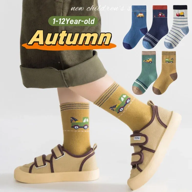 Color: black, Size: 2-3T - Autumn Socks Baby Socks Cute Truck Car Pattern Socks Boys Medium Socks Kids Autumn Winter Cotton Socks 5packs