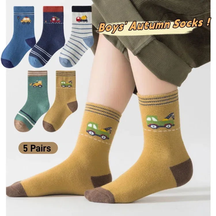 Color: black, Size: 2-3T - Autumn Socks Baby Socks Cute Truck Car Pattern Socks Boys Medium Socks Kids Autumn Winter Cotton Socks 5packs
