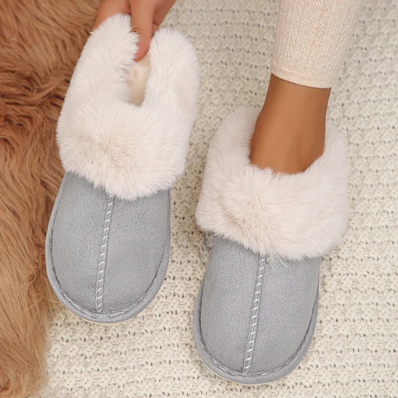 Color: GRAY, Shoe Size: 36 - Closed Toe Warm Cotton Slippers Women Faux Fur Thicken Plush Winter Home Shoes Woman Lightweight Casual Indoor Slides Female