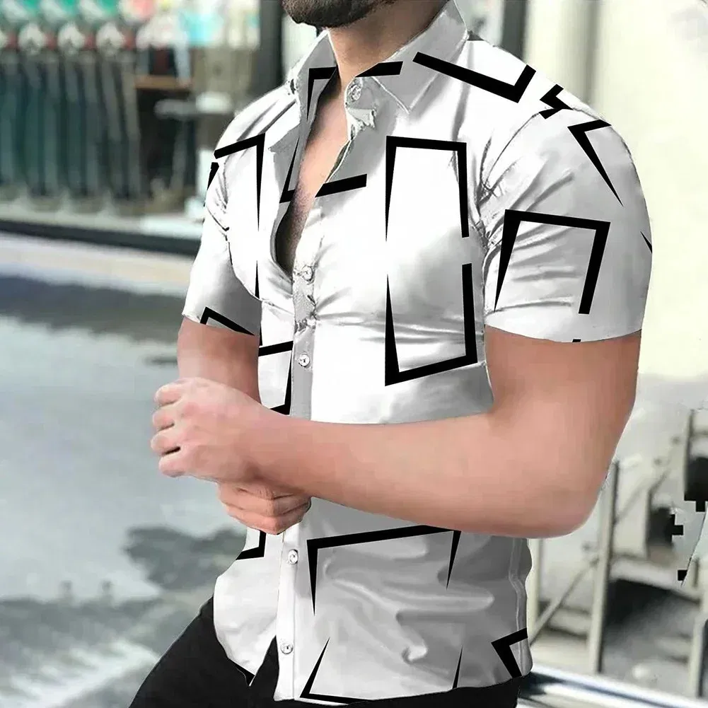Color: SKY BLUE, Size: XL - 3D Men's Striped Printed Short Sleeve Shirt, Fashionable And Casual Loose Shirt, 2023 New Style.