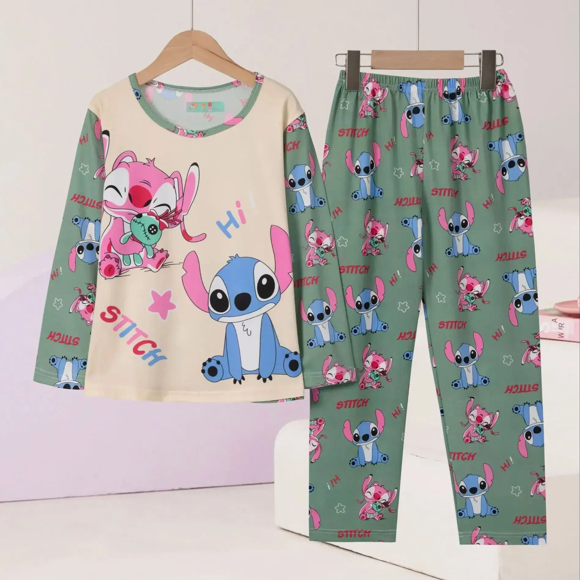 Color: black, Kid Size: 7 - New Pajama Boys Girls Pajamas Stitch Clothing Sets Kids Long Sleeve +Pant 2Piece Children Home Clothing Girl Nightgown