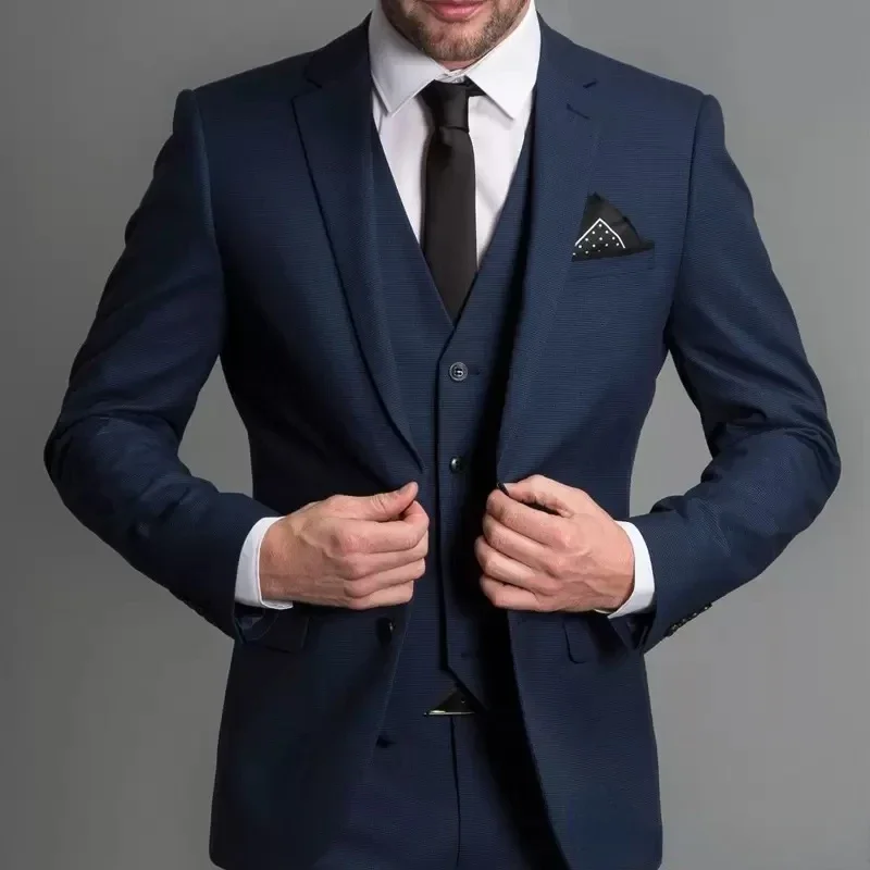 Color: Navy Blue, Size: XXL - 3 Piece Navy Blue Male Suits Slim fit Notched Lapel Wedding Tuxedos Sets Tailor Made Business Mens Costume (Blazer+Pants+Vest)