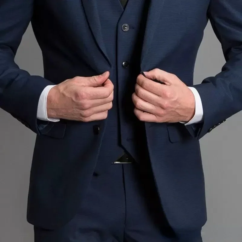 Color: Navy Blue, Size: XXL - 3 Piece Navy Blue Male Suits Slim fit Notched Lapel Wedding Tuxedos Sets Tailor Made Business Mens Costume (Blazer+Pants+Vest)