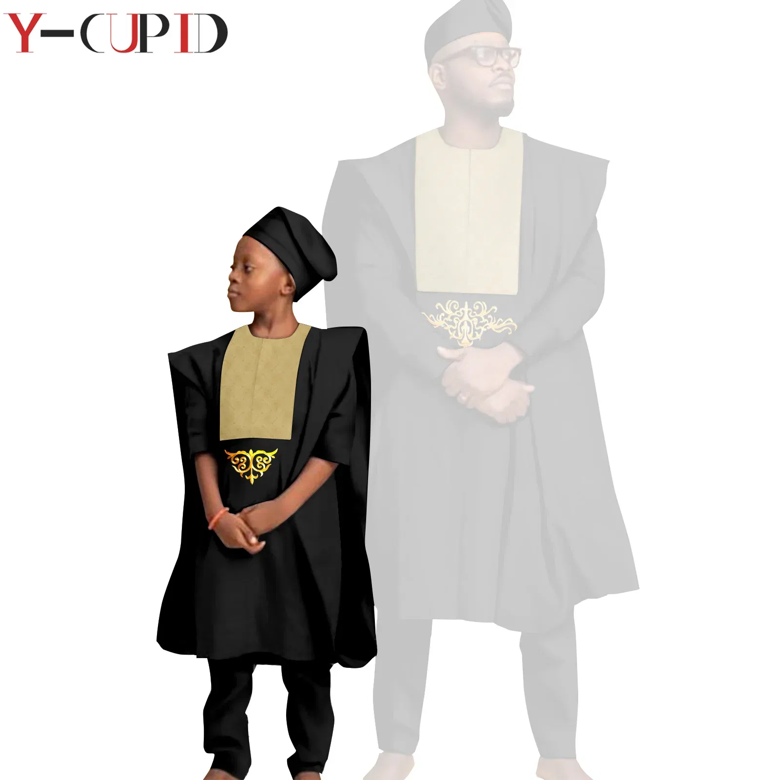 Color: Yellow, Size: XL - African Clothes for Men Top Pants Robes Hat Sets Match Kid Boy Sets Dashiki Father and Son Bazin Riche Family Outfits Y20F001