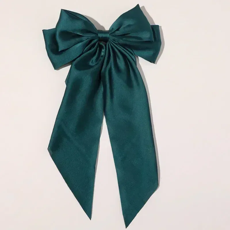 Color: BROWN, Ships From: CHINA - Elegant Large Bow Ribbon Hair Clip for Women Fashion Simple Solid Satin Spring Clip Ponytail Bow Hairpin Girls Hair Accessories