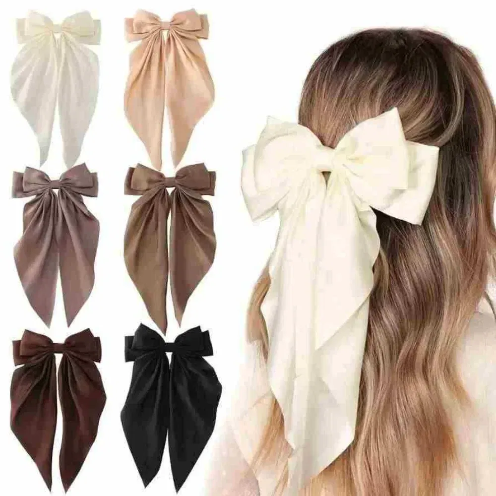 Color: BROWN, Ships From: CHINA - Elegant Large Bow Ribbon Hair Clip for Women Fashion Simple Solid Satin Spring Clip Ponytail Bow Hairpin Girls Hair Accessories