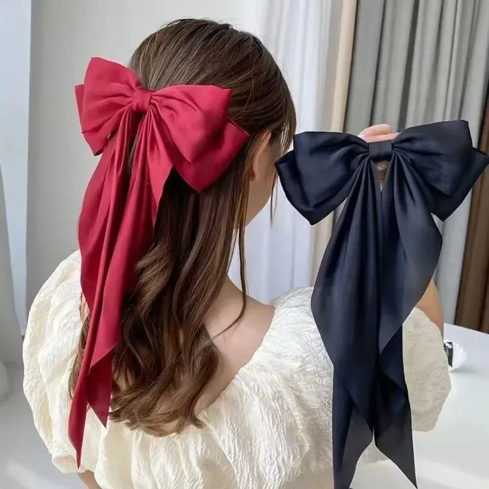 Color: BROWN, Ships From: CHINA - Elegant Large Bow Ribbon Hair Clip for Women Fashion Simple Solid Satin Spring Clip Ponytail Bow Hairpin Girls Hair Accessories