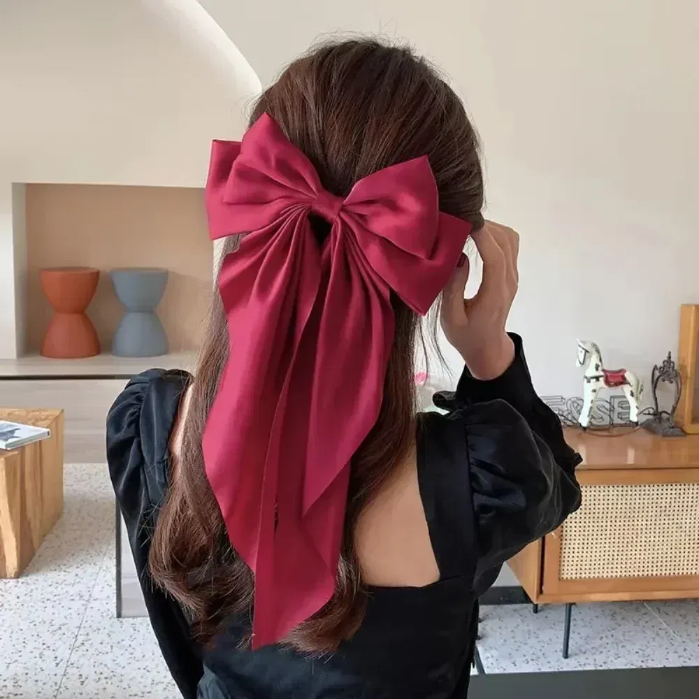 Color: BROWN, Ships From: CHINA - Elegant Large Bow Ribbon Hair Clip for Women Fashion Simple Solid Satin Spring Clip Ponytail Bow Hairpin Girls Hair Accessories
