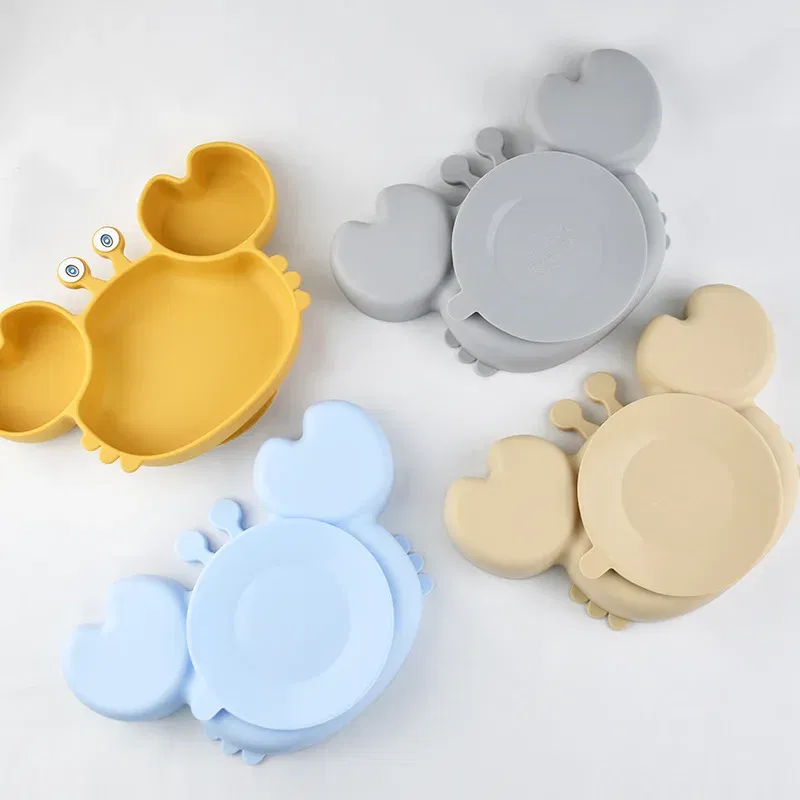 Color: Beige, Ships From: CHINA - Baby Bowls Plates Fork spoon Set Silicone Suction Feeding Food Tableware BPA Free Non-Slip Baby Dishes Crab Food Feeding Bowl