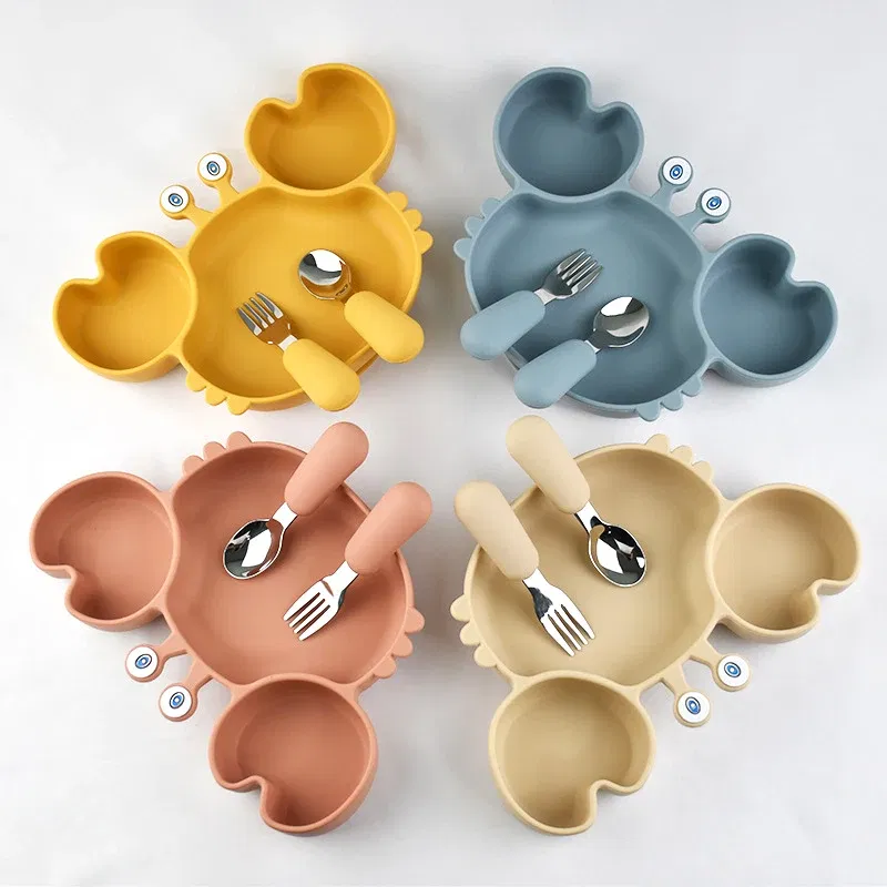 Color: Beige, Ships From: CHINA - Baby Bowls Plates Fork spoon Set Silicone Suction Feeding Food Tableware BPA Free Non-Slip Baby Dishes Crab Food Feeding Bowl