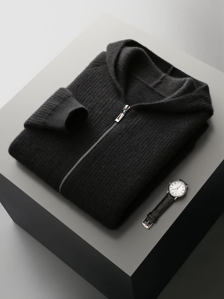 Color: black, Size: M - Daily Clothes Autumn Winter Sweater Men's Coat 100% Merino Wool Sweater Cardigan Knitted Jacket Thicked Hooded Outerwears Trend