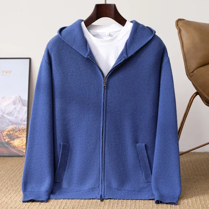 Autumn And Winter New 100% Pure Wool Cardigan Men's Hooded Zipper With Pocket Thickening Loose Plus Size Knitted Sweater