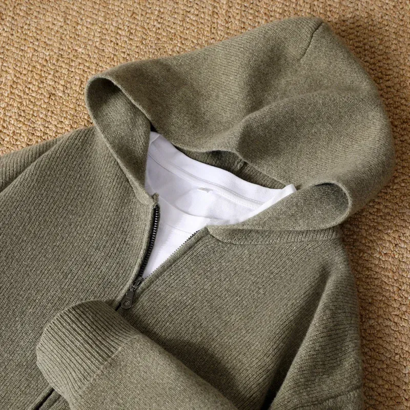 Autumn And Winter New 100% Pure Wool Cardigan Men's Hooded Zipper With Pocket Thickening Loose Plus Size Knitted Sweater