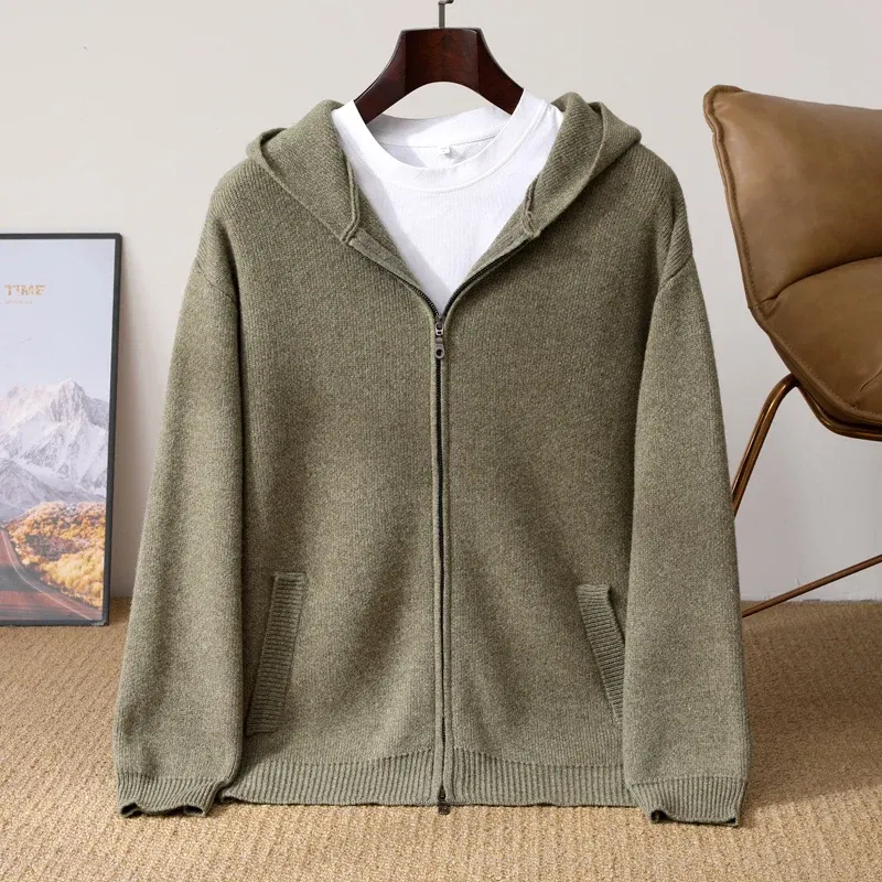 Autumn And Winter New 100% Pure Wool Cardigan Men's Hooded Zipper With Pocket Thickening Loose Plus Size Knitted Sweater