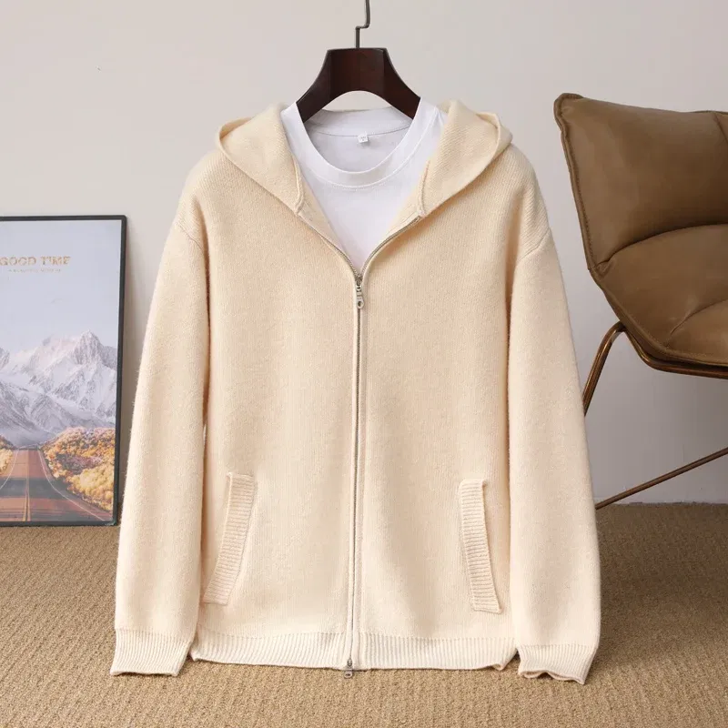 Autumn And Winter New 100% Pure Wool Cardigan Men's Hooded Zipper With Pocket Thickening Loose Plus Size Knitted Sweater