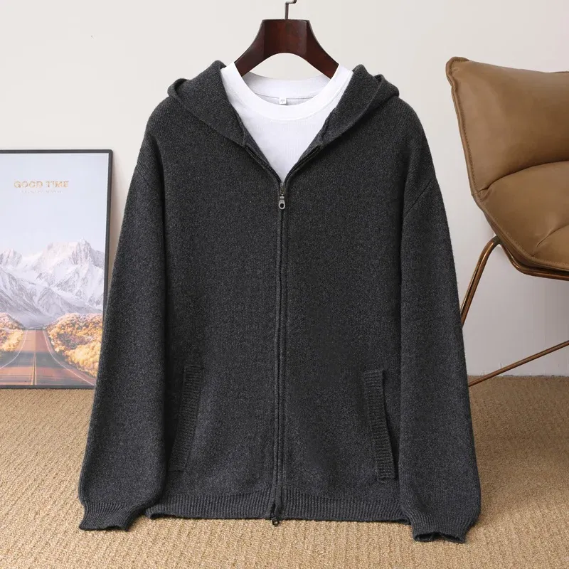 Autumn And Winter New 100% Pure Wool Cardigan Men's Hooded Zipper With Pocket Thickening Loose Plus Size Knitted Sweater