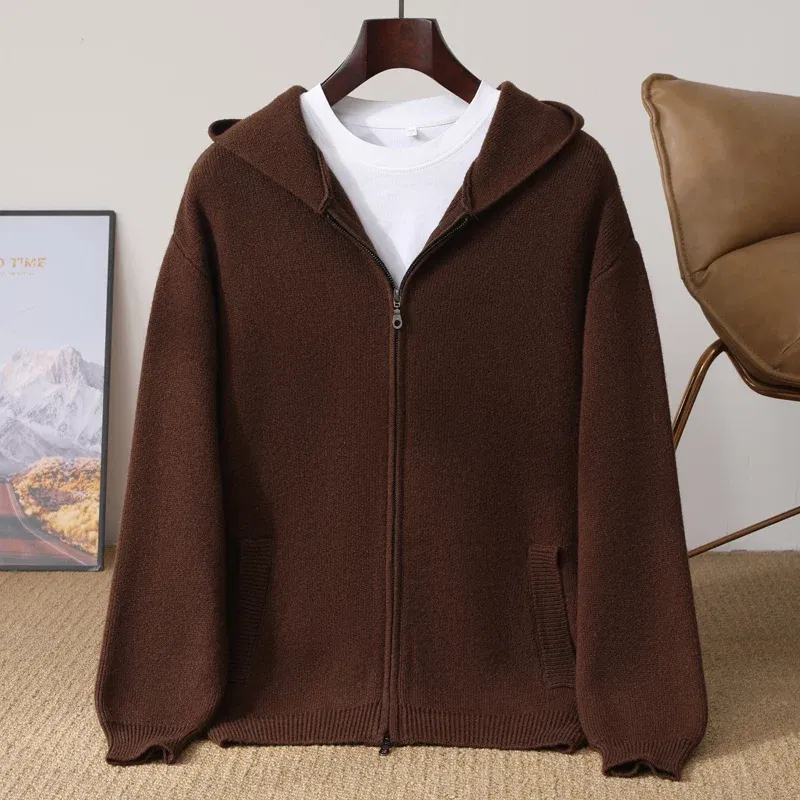 Autumn And Winter New 100% Pure Wool Cardigan Men's Hooded Zipper With Pocket Thickening Loose Plus Size Knitted Sweater